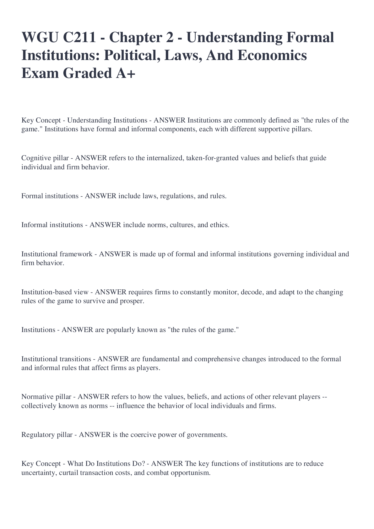 Preview image for WGU C211 - Chapter 2 - Understanding Formal Institutions: Political, Laws, And Economics Exam Graded A+